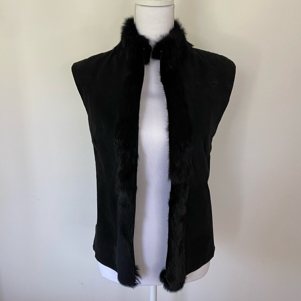 Fredini Black Suede and Rabbit Fur Zip up Vest